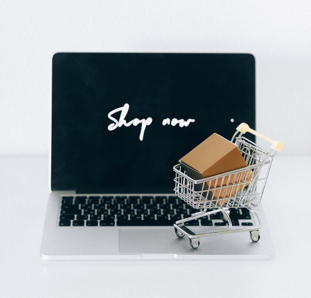 Online Shopping: Shop now, Laptop, Einkaufswagen, Paket, Social Commerce, E-Commerce