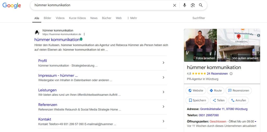 Google Business Profile von hümmer kommunikation
